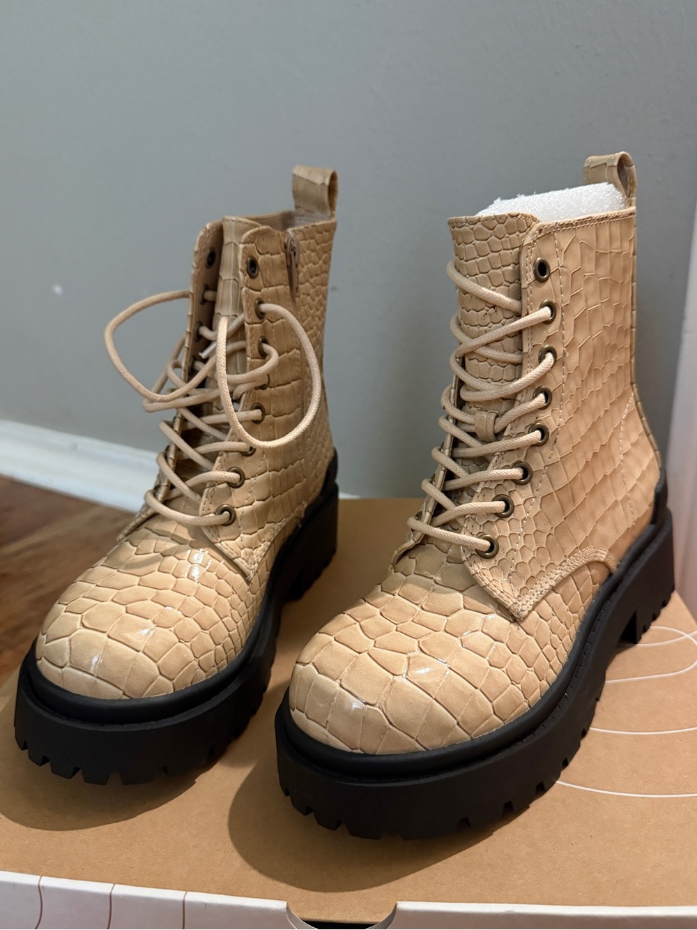 Urban Outfitters Beige Croc-Embossed Lace-Up Combat Boots